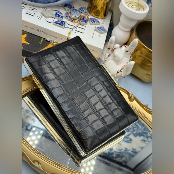 🆕 JASON WU 🧿 NWOT Black Croc Embossed Leather Clutch, with Gold Chain Strap - Picture 15 of 16